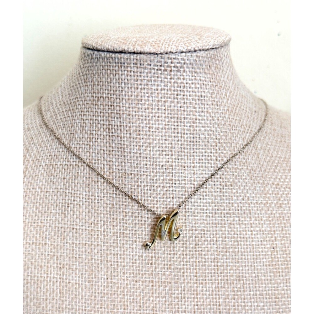 925 Sterling Silver Cursive Initial Letter M Pendant Necklace CZ Accent Italy